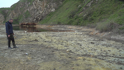 Blast Beach: Green coloured sediments due to sulphur released from the Carboniferous shale